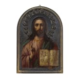 Kleine Ikone mit Christus Pantokrator mit Silberriza, Russland, Ende 19. Jhdt. (Ikone), St. Petersburg, Nikolai Linden, 1908 (Riza)