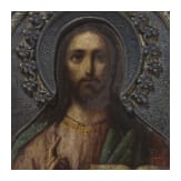 Kleine Ikone mit Christus Pantokrator mit Silberriza, Russland, Ende 19. Jhdt. (Ikone), St. Petersburg, Nikolai Linden, 1908 (Riza)