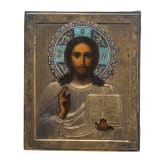 Ikone mit Christus Pantokator mit Silberoklad und Cloisonn&eacute;-Emaille-Nimbus, Russland, sp&auml;tes 19. Jhdt. (Ikone), Moskau, 1908-17 (Oklad)