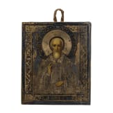 Kleine Ikone mit dem Heiligen Sergej von Radonesch mit Silberoklad, Russland, Ende 19. Jhdt. (Ikone), Moskau, Nikolai F. Stulew, um 1885 (Oklad)