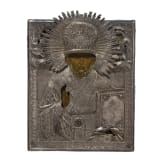 Ikone mit dem Heiligen Nikolaus von Myra mit Silberoklad, Russland, 2. H&auml;lfte 19. Jhdt. (Ikone), Moskau, Iwan Sacharow, 1867 (Oklad)