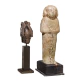 A stone Osiris head with Atef crown and a ushabti made of faience with painted inscription, Late Period, mid-1st millennium B.C.