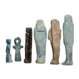 Five ancient Egyptian figures and an Ankh amulet, mostly faience, one figure made of stone, Late Period, mid-1st millennium B.C.