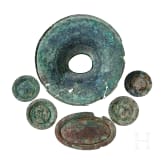 Six splendidly decorated, gilded Hellenistic bronze fittings, 3rd - 1st century B.C.