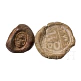 Five impressions of seals on clay, a clay model and a bronze punch with bird of prey, Greek, late antique and early Islamic, 3rd century B.C. - 8th century A.D.