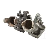 Two Roman mirror-like yoke fittings with Eros on panther and satyr mask, bronze, late 1st - mid-3rd century A.D.