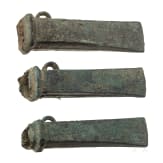 Three Breton bronze axes type Dahouet, late Bronze Age to early Iron Age of western Europe, 10th - 5th century B.C.