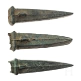 Three Breton bronze axes type Dahouet, late Bronze Age to early Iron Age of western Europe, 10th - 5th century B.C.