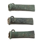 Three Breton bronze axes type Dahouet, late Bronze Age to early Iron Age of western Europe, 10th - 5th century B.C.
