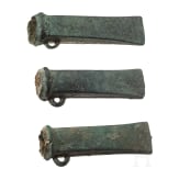 Three Breton bronze axes type Dahouet, late Bronze Age to early Iron Age of western Europe, 10th - 5th century B.C.