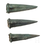 Three Breton bronze axes type Dahouet, late Bronze Age to early Iron Age of western Europe, 10th - 5th century B.C.