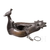 An Italian bronze lamp based on an antique model with cross and dove as a handle, Grand Tour souvenir for a visit of the catacombs in Rome, early 19th century