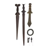 Five replicas of various antiquities including two bronze swords and an East Asian ritual dagger