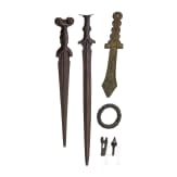 Five replicas of various antiquities including two bronze swords and an East Asian ritual dagger