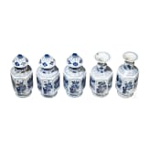 Five small Chinese blue and white "Vung Tau" cargo vases with covers, probably Kangxi period