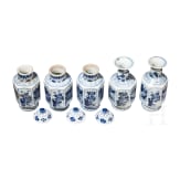 Five small Chinese blue and white "Vung Tau" cargo vases with covers, probably Kangxi period