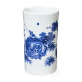 A Chinese blue and white brush pot showing a scholar in landscape, probably Kangxi period (18th century)