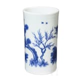 A Chinese blue and white brush pot showing a scholar in landscape, probably Kangxi period (18th century)
