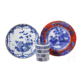 Two Chinese plates and a four-piece storage vessel
