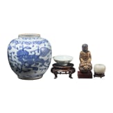 A Chinese blue and white porcelain jar, a famille-rose bowl, a small jade vase and a painted lacquer buddha, 19th/20th century