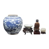 A Chinese blue and white porcelain jar, a famille-rose bowl, a small jade vase and a painted lacquer buddha, 19th/20th century