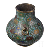 A large Chinese lotus patterned cloisonn&eacute; jar with wooden stand, 20th century