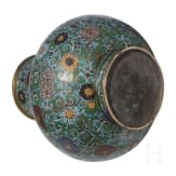 A large Chinese lotus patterned cloisonn&eacute; jar with wooden stand, 20th century