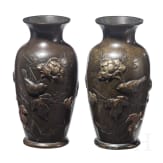 Two Japanese copper and silver inlaid bronze vases, Meiji period, late 19th century