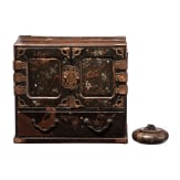 A Japanese cabinet with lacquer painting and a round jar, circa 1900