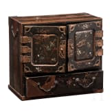 A Japanese cabinet with lacquer painting and a round jar, circa 1900