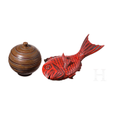 A Japanese lacquer box in the shape of a fish and a jubako (food carrier), probably Heisei period