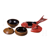 A Japanese lacquer box in the shape of a fish and a jubako (food carrier), probably Heisei period