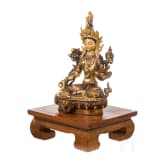A Tibetan/Nepalese Green Tara with turquoise inserts, 20th century