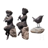 Three German bronzes of a pair of fauns and a blackbird, circa 1900