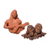 An Italian bozzetto of a lute player and carved angel heads, probably 19th century