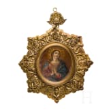 Our Lady painted on copper with brass frame and cherubs, circa 1800
