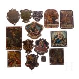 14 painted iron and brass plaques (badges), some dated, 18th/19th century