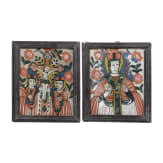 Two Transylvanian reverse glass paintings of Saint Nicholas and the Crucifixion, Nicula, late 19th century