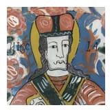 Two Transylvanian reverse glass paintings of Saint Nicholas and the Crucifixion, Nicula, late 19th century