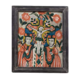 Two Transylvanian reverse glass paintings of Saint Nicholas and the Crucifixion, Nicula, late 19th century