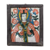Two Transylvanian reverse glass paintings of Saint Nicholas and the Crucifixion, Nicula, late 19th century