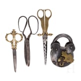 Three German and French pairs of scissors and a lock, 18th - 19th century