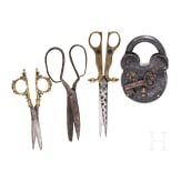 Three German and French pairs of scissors and a lock, 18th - 19th century