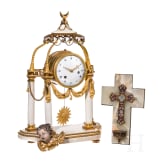 A gilt-bronze and alabaster table clock, an enamel and brass stoup and a putto, French, Paris, circa 1780 (clock)/late 19th century