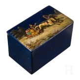 A Russian blue painted papier m&acirc;ch&eacute; and lacquer box with troika, probably Ostashkovo, Osip Vishyakov and Sons factory, late 19th century