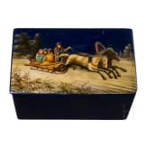 A Russian blue painted papier m&acirc;ch&eacute; and lacquer box with troika, probably Ostashkovo, Osip Vishyakov and Sons factory, late 19th century