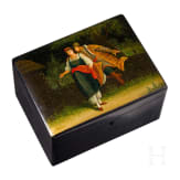 A Russian papier m&acirc;ch&eacute; and lacquer casket with couple, Ostashkovo, Osip Vishyakov and Sons factory, 1882 - 1888