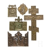 A Russian bronze icon, appliqu&eacute;, two triptychs and a crucifix, 18th/19th century