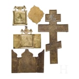 A Russian bronze icon, appliqu&eacute;, two triptychs and a crucifix, 18th/19th century