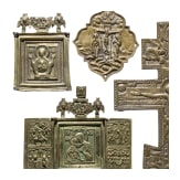 A Russian bronze icon, appliqu&eacute;, two triptychs and a crucifix, 18th/19th century